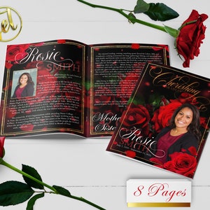 Red Rose Petals 8 Page Funeral Program for Women | Bi-Fold, Editable, 8.5x5.5, 8.5x11