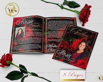 Red Rose Petals 8 Page Funeral Program for Women | Bi-Fold, Editable, 8.5x5.5, 8.5x11