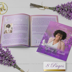 Purple Floral 8 Page Funeral Program Template | Editable, 8.5x11, 8.5x5.5
