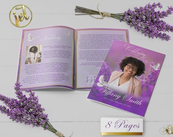 Purple Floral 8 Page Funeral Program Template | Editable, 8.5x11, 8.5x5.5