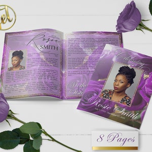 Purple Roses 8 Page Funeral Program Template | Editable, 8.5x11, 8.5x5.5