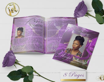 Purple Roses 8 Page Funeral Program Template | Editable, 8.5x11, 8.5x5.5