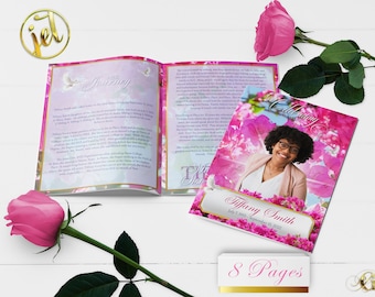 Gorgeous Pink Funeral Program Template | 8 Page, Editable, 8.5x5.5, 8.5x11