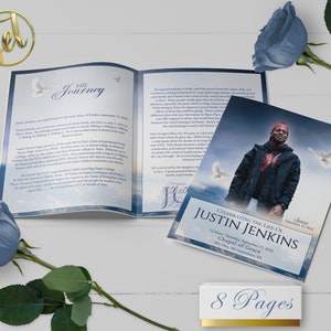 Navy Blue Sky 8 Page Funeral Program Template | Editable, 8.5x11, 8.5x5.5