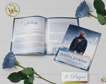 Navy Blue Sky 8 Page Funeral Program Template | Editable, 8.5x11, 8.5x5.5