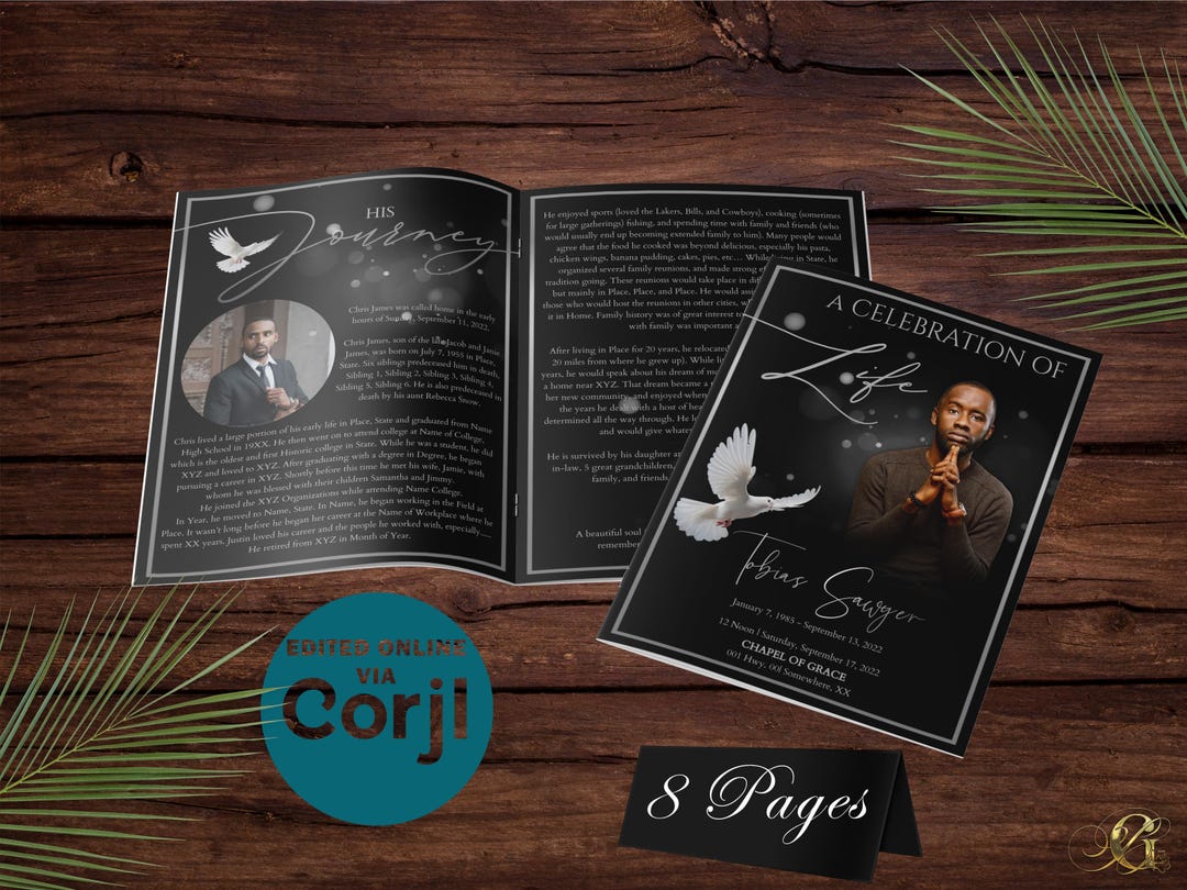 black-and-silver-8-page-funeral-program-template-bi-fold-8-page-editable-5-5x8-5-8-5x11-etsy
