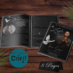 Black and Silver Funeral Program Template | Bi-Fold, 8 Page, Editable, 8.5x11, 11x17