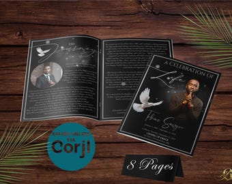 Black and Silver Funeral Program Template | Bi-Fold, 8 Page, Editable, 8.5x11, 11x17