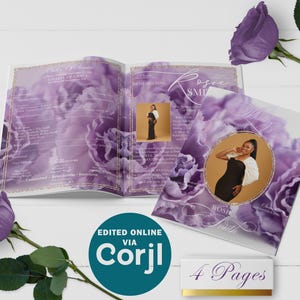 Modello di programma funebre floreale viola / pieghevole, 4 pagine, modificabile, 5,5x8,5, 5x7