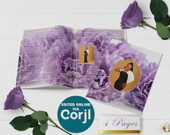 Purple Floral Funeral Program Template | Bi-Fold, 4 Page, Editable, 5.5x8.5, 5x7