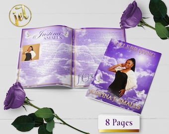 Purple Gold Sky Glow 8 Page Funeral Program Template | Editable, 8.5x11, 8.5x5.5