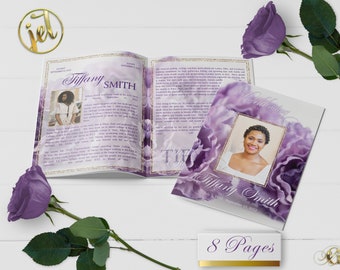 Purple Carnations 8 Page Funeral Program Template | Editable, 8.5x11, 8.5x5.5