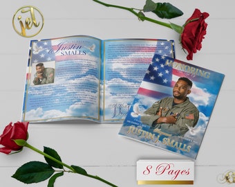 American Flag and Sky 8 Page Funeral Program Template | Bi-Fold, 8 Page, Editable, 5.5x8.5, 8.5x11