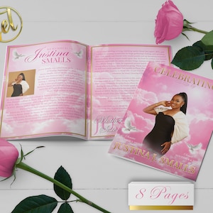 Pink Gold Sky Glow 8 Page Funeral Program Template | Editable, 8.5x11, 8.5x5.5