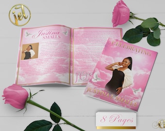 Pink Gold Sky Glow 8 Page Funeral Program Template | Editable, 8.5x11, 8.5x5.5