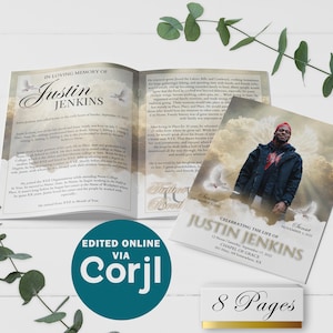 Glorious Wings Funeral Program Template: Editable Bi-Fold (8 Page)