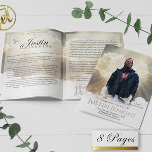 Glorious Wings 8 Page Funeral Program Template | Bi-Fold, 8 Page, Editable, 5.5x8.5, 8.5x11