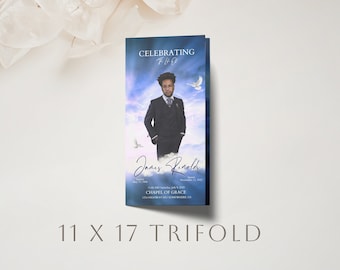 Royal Sky Funeral Trifold Program Template | 11x17 Trifold, Editable Online
