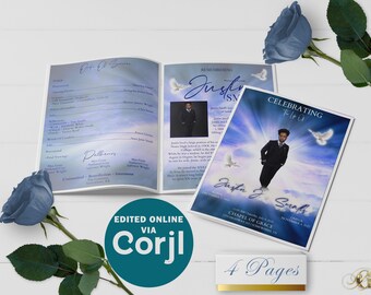 Royal Blue Funeral Program Template | Bi-Fold, 4 Page, Editable, 8.5x11, 11x17
