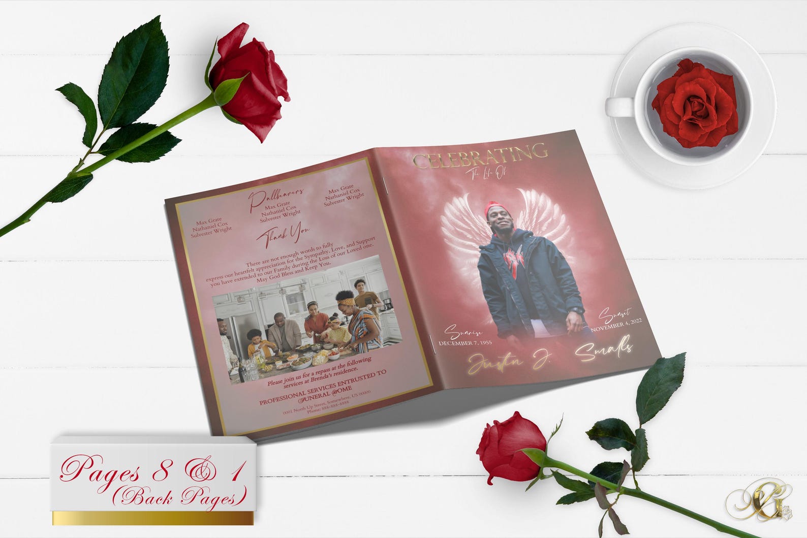 Red Funeral Program Template With Angel Wings | Bi-fold, 8 Page ...