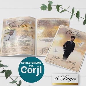 Heavenly Funeral Program Template: Bi-Fold, 8-Page (Editable in Corjl)