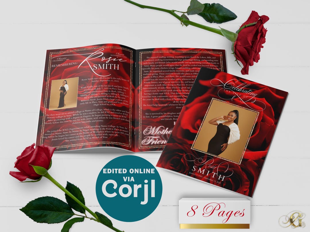 Red Roses 8 Page Funeral Program Template | Editable, 8.5x11, 8.5x5.5 ...