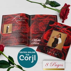 Red Roses 8 Page Funeral Program Template | Editable, 8.5x11, 8.5x5.5