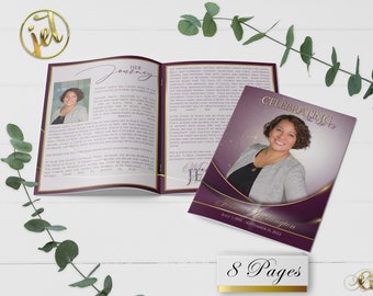 Deep Purple and Gold Modern 8 Page Funeral Program Template | Bi-Fold, 8 Page, Editable, 5.5x8.5, 8.5x11