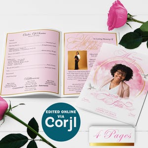 Pink and Gold Funeral Program Template | Bi-Fold, 4 Page, Editable, 5.5x8.5, 5x7