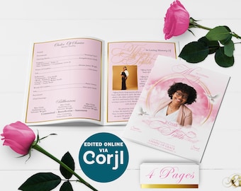 Pink and Gold Funeral Program Template | Bi-Fold, 4 Page, Editable, 5.5x8.5, 5x7