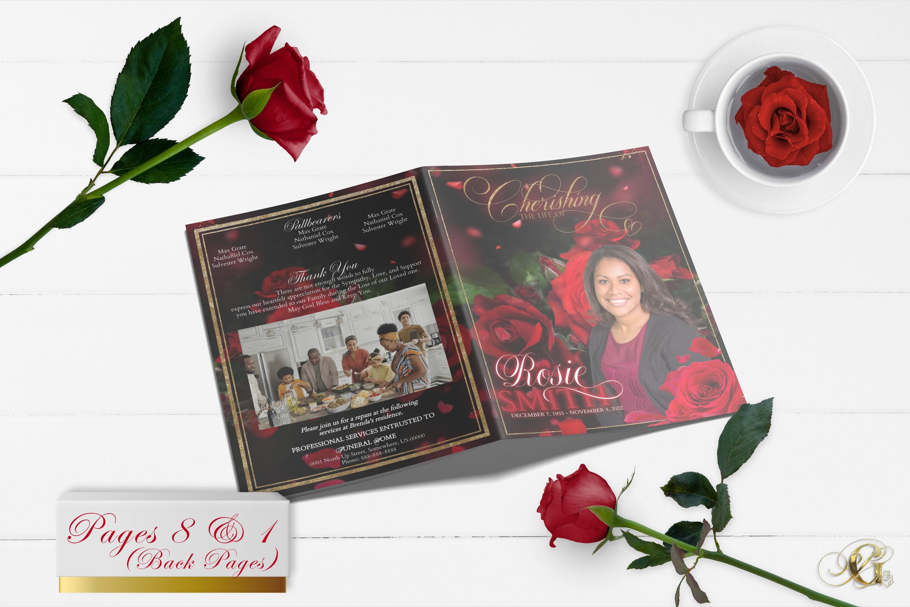 Red Rose Petals 8 Page Funeral Program for Women | Bi-fold, Editable, 8 ...
