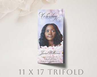 Pink and Blue Blossoms Trifold Funeral Program Template | Editable, 11x17, 8.5x14, 8.5x11