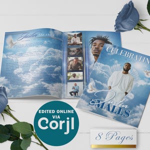 Modello di programma funebre Blue Sky di 8 pagine / modificabile, 11x17, 8,5x11