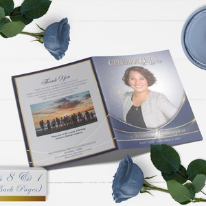 Navy Blue and Gold 8 Page Funeral Program Template Bi-Fold, 8 Page, Editable, 5.5x8.5, 8.5x11 image 5