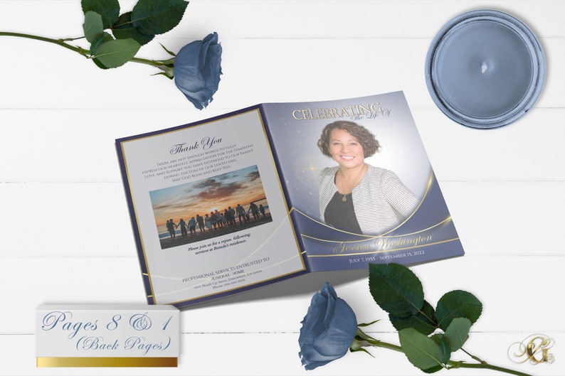 Navy Blue and Gold 8 Page Funeral Program Template Bi-Fold, 8 Page, Editable, 5.5x8.5, 8.5x11 image 5