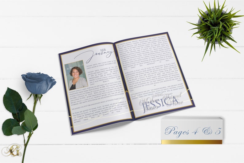 Navy Blue and Gold 8 Page Funeral Program Template Bi-Fold, 8 Page, Editable, 5.5x8.5, 8.5x11 image 3