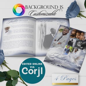 Può includere: Un libretto commemorativo di 4 pagine in blu e bianco. La copertina presenta un collage di foto di un uomo e della sua famiglia, con il testo "Celebrating the life of Justin Smalls" e "Forever in our hearts".