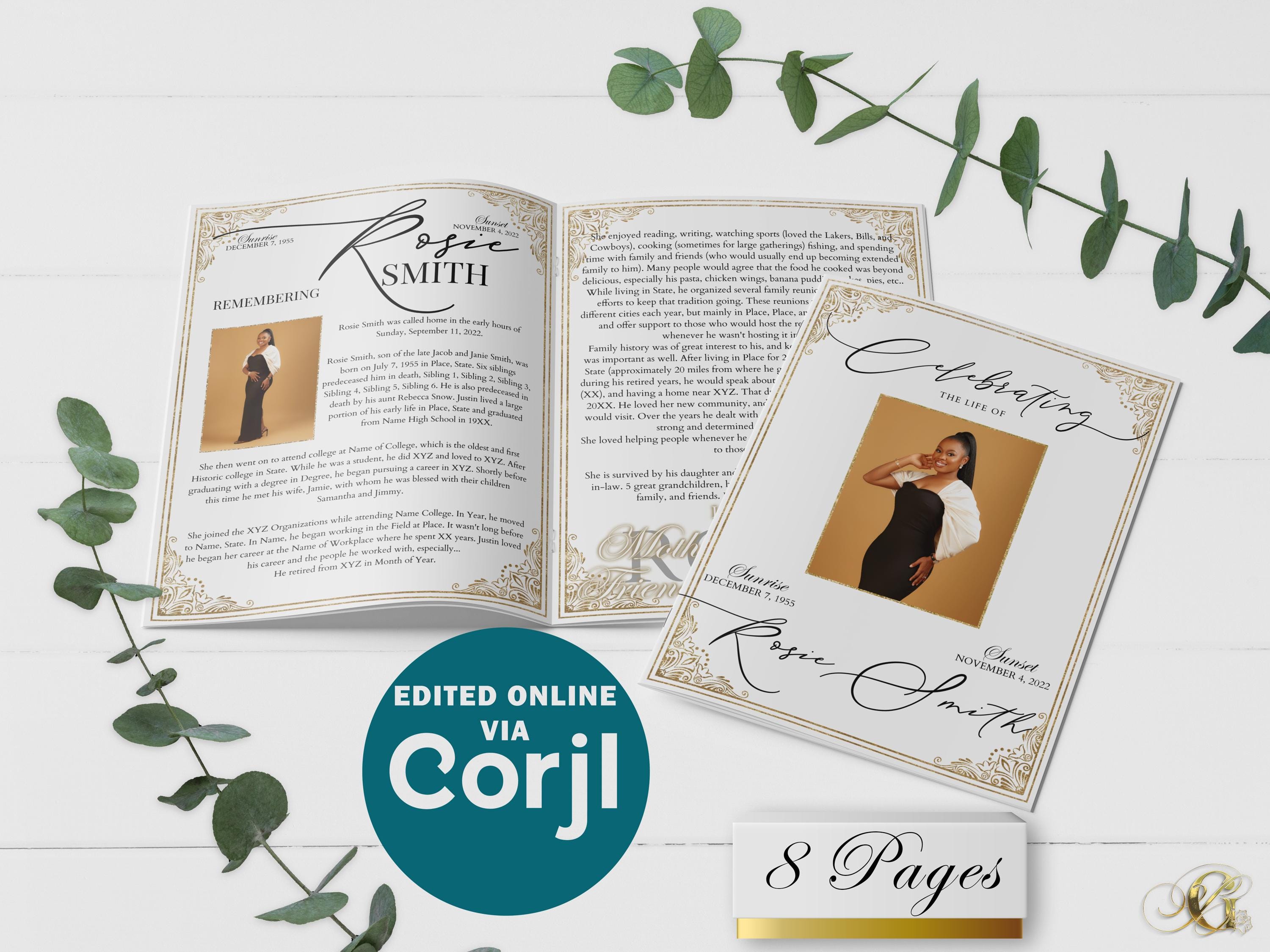 Gold Glitter Frame 8 Page Funeral Program Template | Editable, 8.5x11, 8.5x5.5