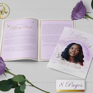 Purple and Gold 8 Page Funeral Program for Women | Bi-Fold, Editable, 8.5x5.5, 8.5x11