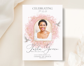 Pink and Gold Funeral Program for Women | Bi-Fold, 4 Page, Editable, 8.5x5.5, 5x7