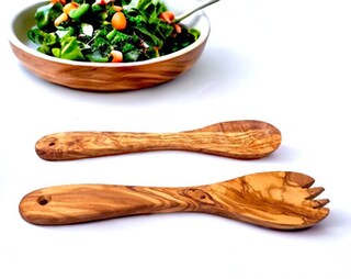 Set Di 2 Posate Da Insalata In Legno D'Ulivo Fatte A Mano - Cucchiaio E Forchetta, 25 Cm, Naturali E Antibatteriche