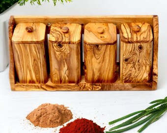 Olive Wood Spice Rack with 4 Bottles and spoons, handmade, kitchen, natural, gift