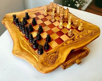 Olive Wood Wooden Handcrafted Chess Board Set W/ Pieces & Two Drawers - Perfect Unique Gift For Chess Lovers