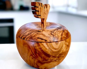 Olive Wood Handcrafted Apple Shape Wooden Sugar Spice Bowl W/ Lid | Unique Kitchen Decor Gift Housewarming