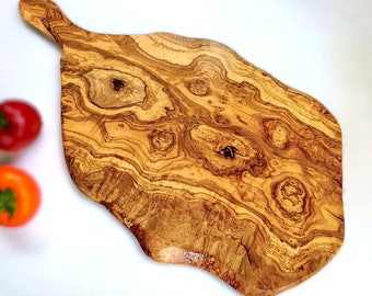 Olive Wood Irregular Shaped Handcrafted Wooden Charcuterie Cutting/Chopping Board with Handle