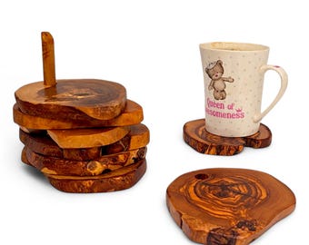 Olive Wood Rustic Coaster Set of 6 with Holder 12 cm