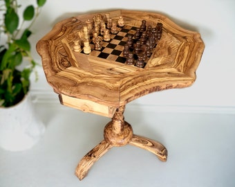 Olive Wood Chess Set 3 Legged Wooden Display Table With Built-In Chess Board | Perfect Gift Idea For Chess And Unique Gift Lovers