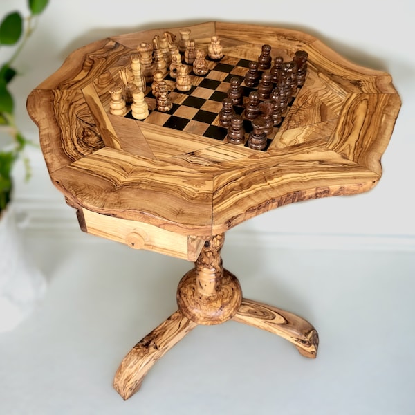 Olijfhouten schaakspel 3-potige houten displaytafel met ingebouwd schaakbord | Perfect cadeau-idee voor schaak- en unieke cadeauliefhebbers