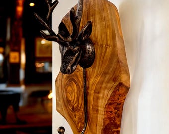 Antique Stag Head Single Wall Hook with Rustic olive wood base