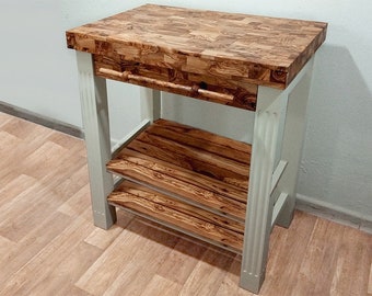 Olive Wood Scratch Resistant Solid Food Prep End Table Butcher Block / Kitchen Cart With Storage & Shelves